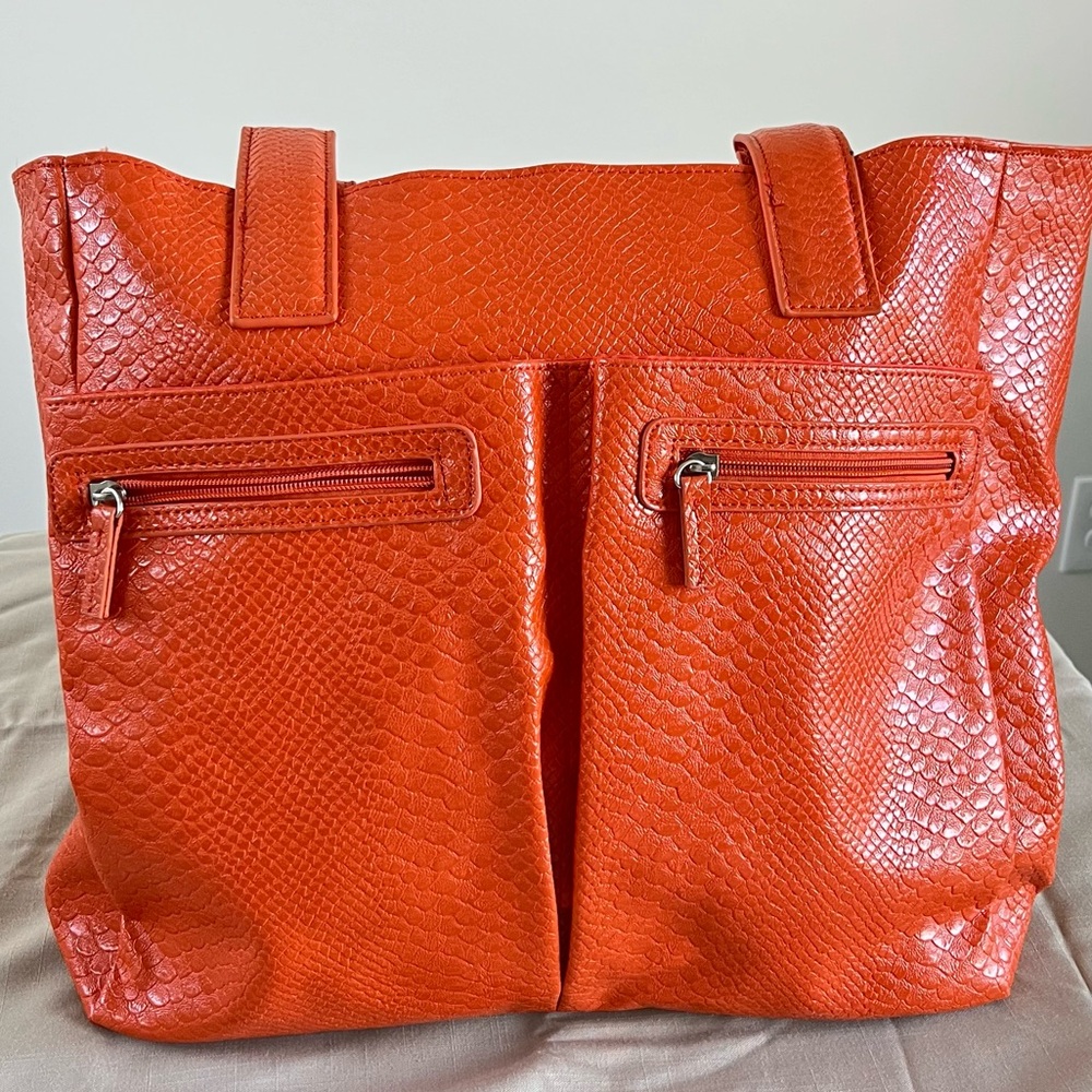 New Neiman Marcus Orange Vegan Leather Snakeskin Tote